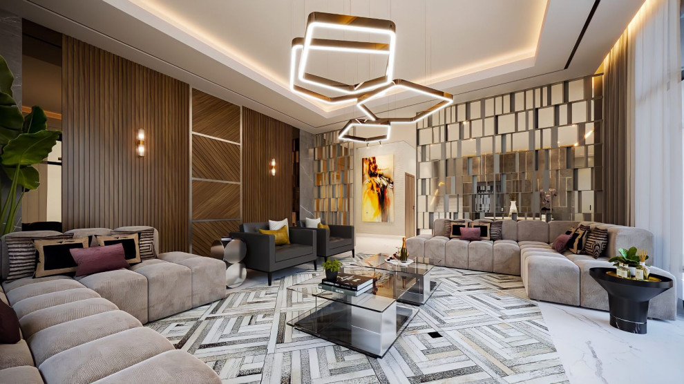 Идея дизайна: большая открытая гостиная комната в современном стиле с мраморным полом и деревянными стенами без телевизора