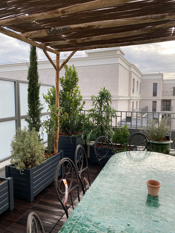 Inspiration for a large world-inspired side rooftop metal railing terrace in Paris with a potted garden and a pergola.