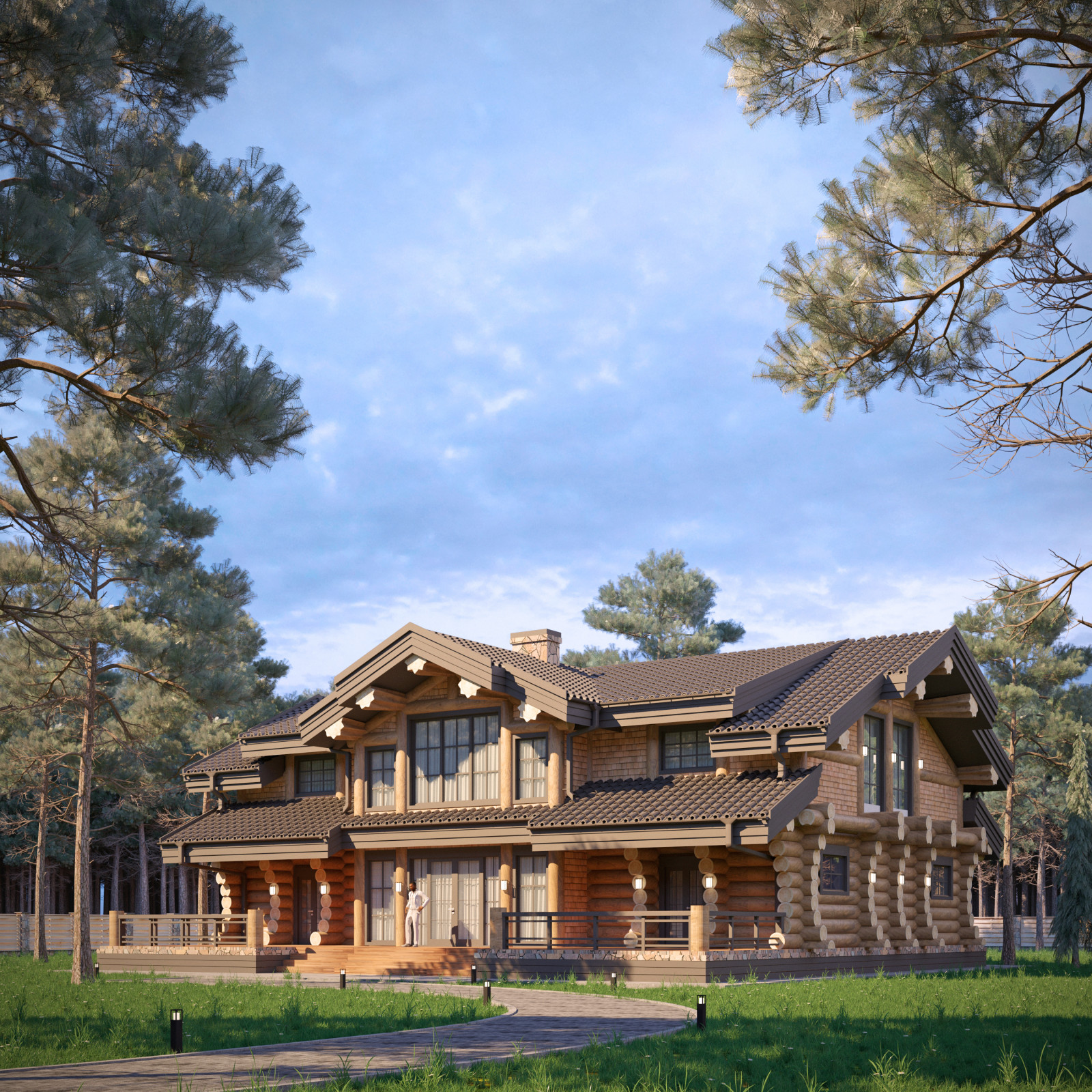 Проект дома из бревна ручной рубки с элементами Post&Beam "Монреаль"