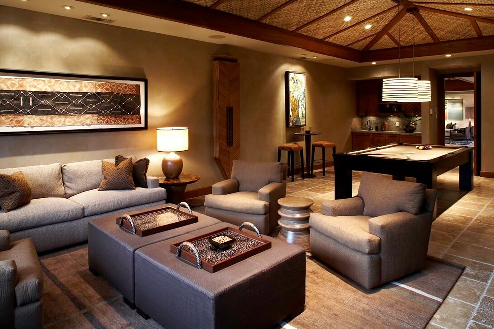 Design ideas for a contemporary family room in Hawaii with beige walls.