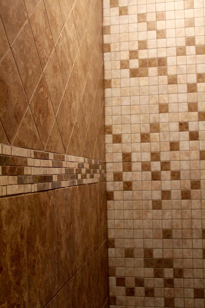 Alcove shower - large transitional master beige tile and mosaic tile porcelain tile and beige floor alcove shower idea with red walls