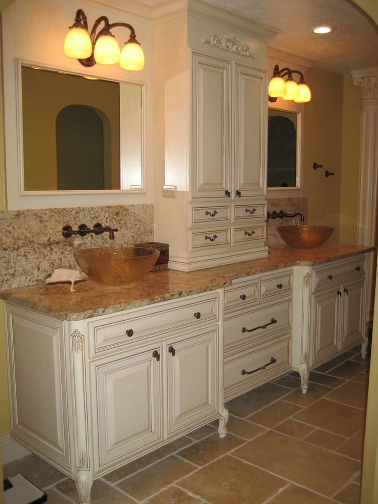 Design ideas for a large traditional master bathroom in Orlando with raised-panel cabinets, white cabinets and a vessel sink.