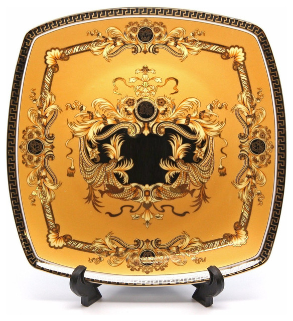 Royalty Porcelain Yellow 10" Dinner Plate, Luxury Greek Key 24K Gold