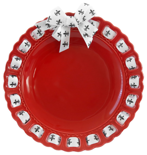 Decorative Round Red Ceramic Ribbon Plate Traditional Decorative Plates by Prissy Plates