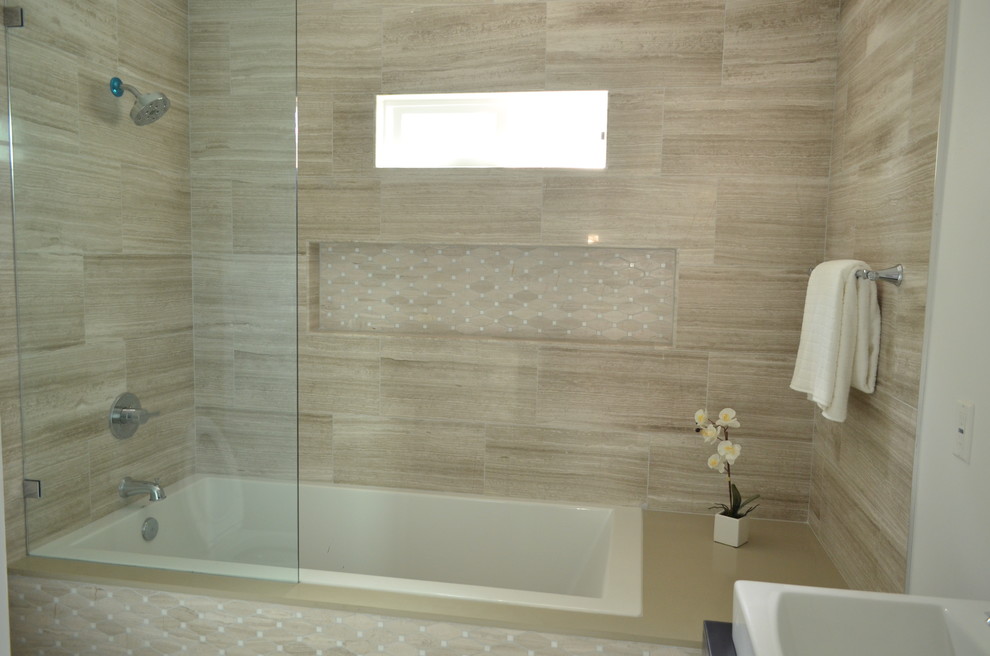 Inspiration for a small traditional 3/4 bathroom in Los Angeles with a freestanding tub, an alcove shower, brown tile, ceramic tile, grey walls and a hinged shower door.
