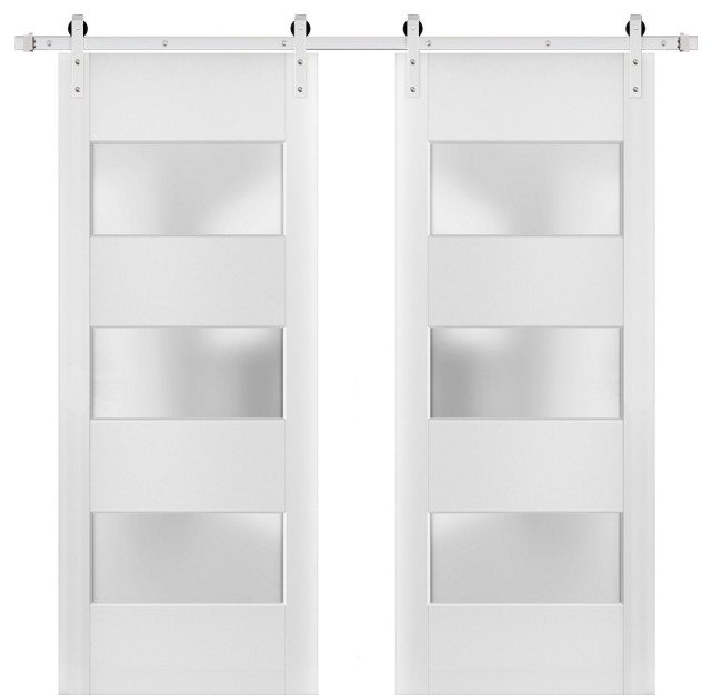Double Barn Door Frosted Glass, Lucia 4070 White Silk, Silver 13FT Rail