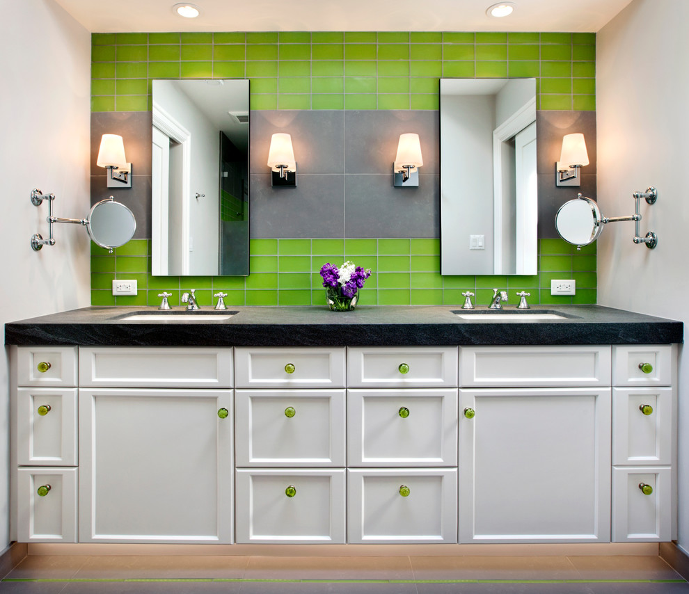 Contemporary bathroom in San Francisco with an undermount sink, recessed-panel cabinets, white cabinets, green tile and glass tile.