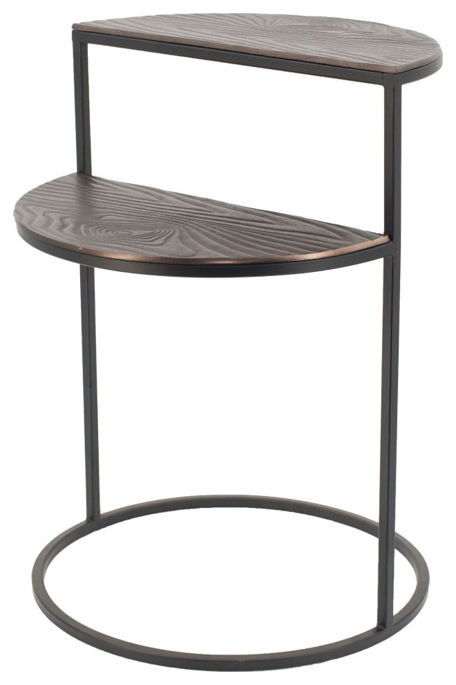 22" Modern Metal Round Accent Table, 2 Half Circle Shelves, Wood, Brown