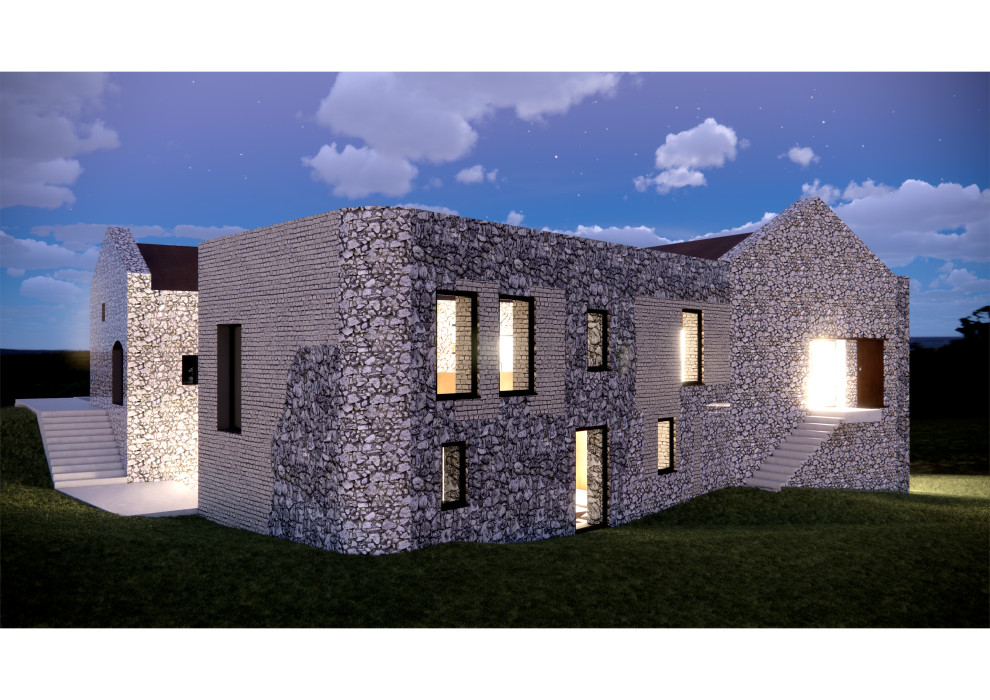 Zweistöckiges Industrial Einfamilienhaus mit grauer Fassadenfarbe, Satteldach, Blechdach und braunem Dach in Sonstige