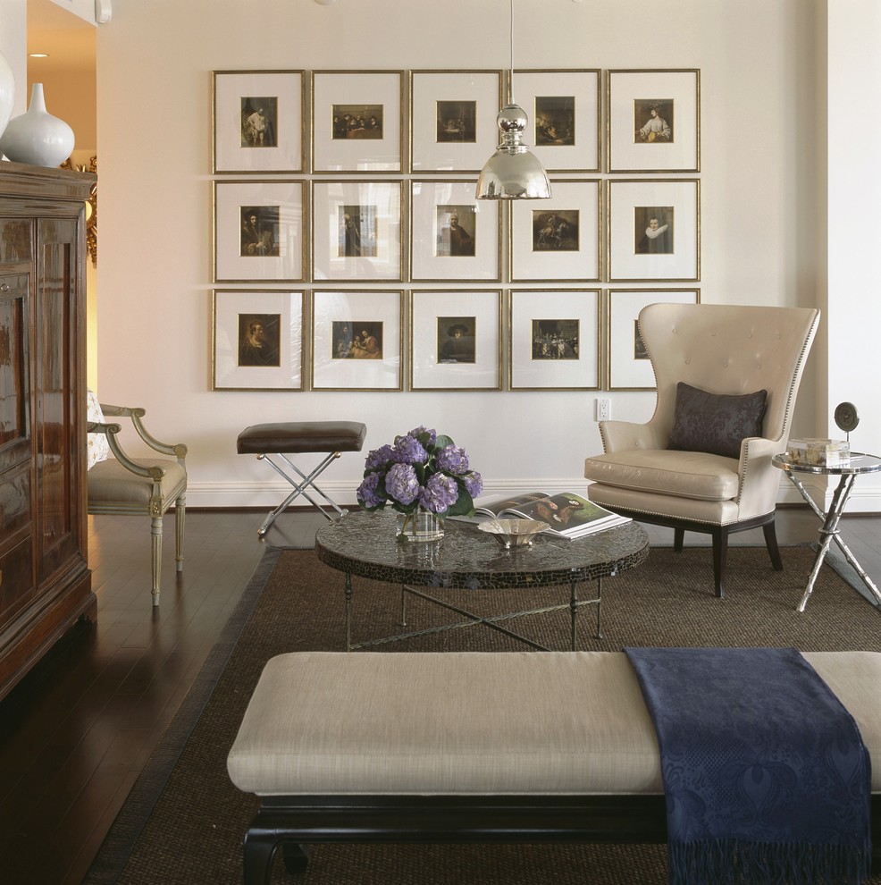 Photo of a contemporary family room in Baltimore with beige walls and dark hardwood floors.