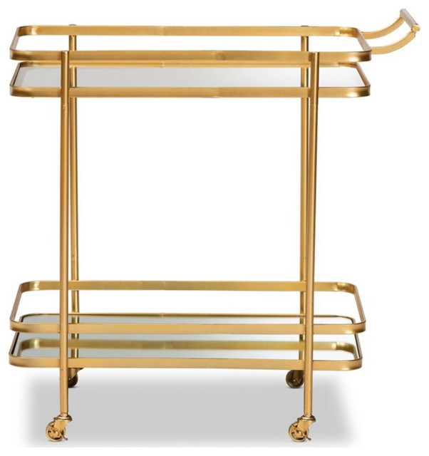 Bowery Hill Gold Finished Metal and Glass 2Tier Mobile Wine Bar Cart
