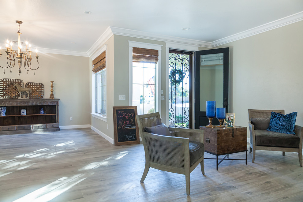 Large transitional porcelain tile and brown floor single front door photo in Phoenix with beige walls and a dark wood front door