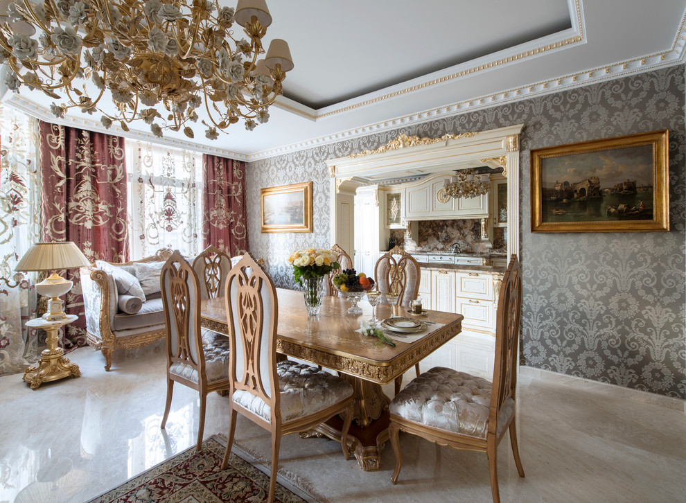 Источник вдохновения для домашнего уюта: гостиная-столовая в классическом стиле с серыми стенами