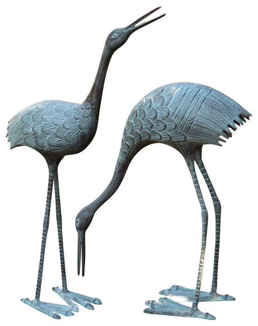 Stately Garden Cranes, Cast Aluminum Sculpture Set of 2 Beach Style