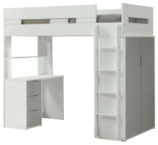 Benzara BM202010 Wooden Twin Size Loft Bunk Bed With Workstation, White/Gray