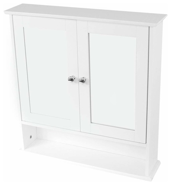 Wall Mounted Storage Cabinet In White Mdf With Mirrored Double Doors Open Shelf