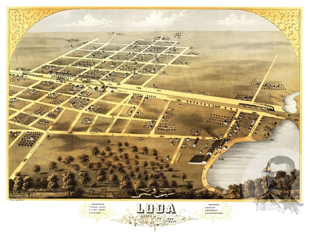 Old Map of Loda Illinois 1869, Vintage Map Art Print, 12"x18