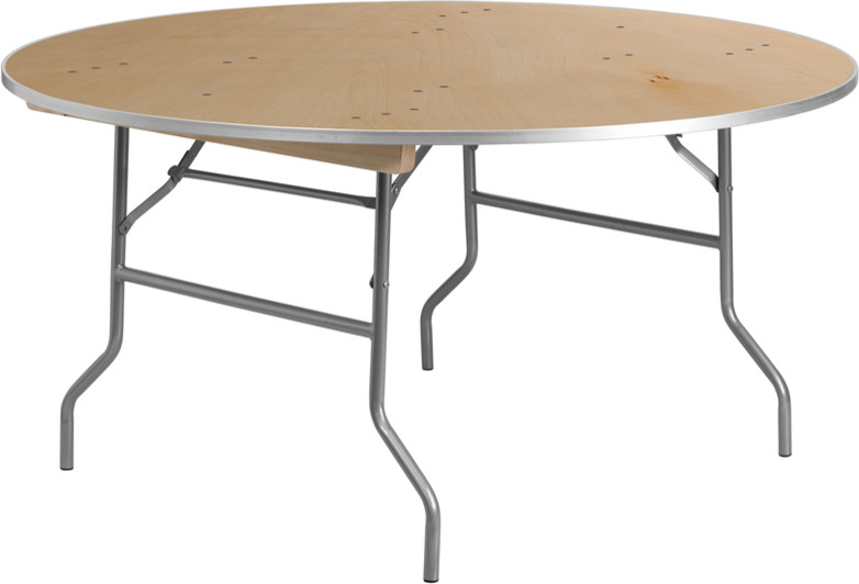 60 Inch Round Birchwood Folding Banquet Table With Metal Edges