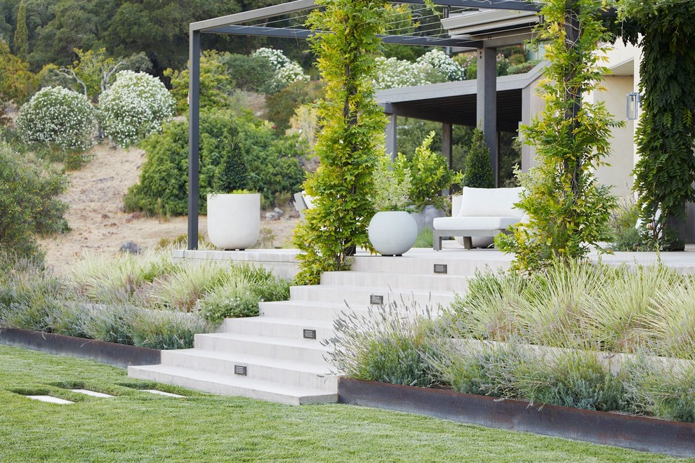 Inspiration for a large country backyard patio in San Francisco with concrete pavers and a gazebo/cabana.