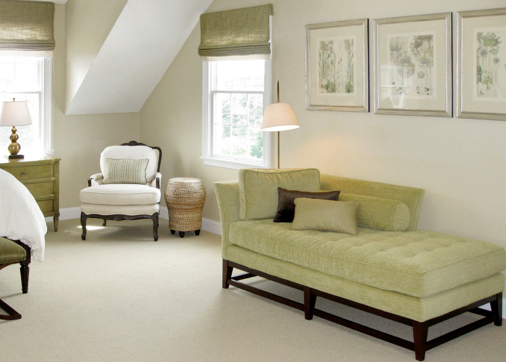 Inspiration for a transitional master bedroom in Boston with carpet.