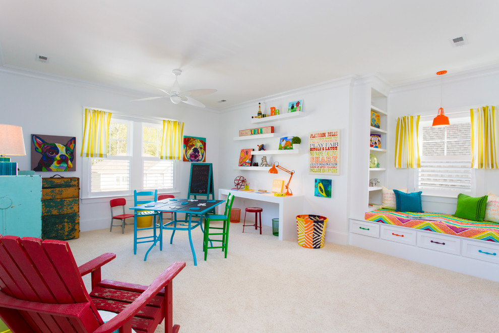 Inspiration for a contemporary gender-neutral kids' playroom for kids 4-10 years old in Richmond with white walls and carpet.