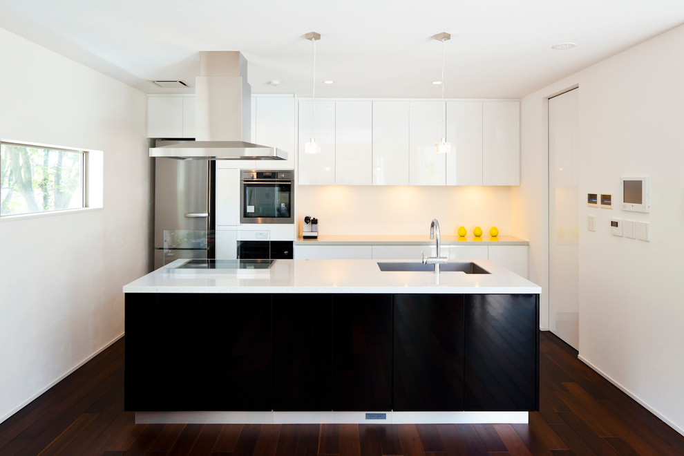 Mid-sized modern galley open plan kitchen in Yokohama with an undermount sink, flat-panel cabinets, white cabinets, glass sheet splashback, stainless steel appliances, dark hardwood floors and with island.