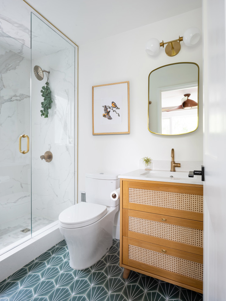 Inspiration for a small transitional master white tile and porcelain tile ceramic tile, green floor and single-sink doorless shower remodel in Toronto with brown cabinets, a two-piece toilet, white walls, an undermount sink, quartz countertops, white countertops, a built-in vanity and shaker cabinets