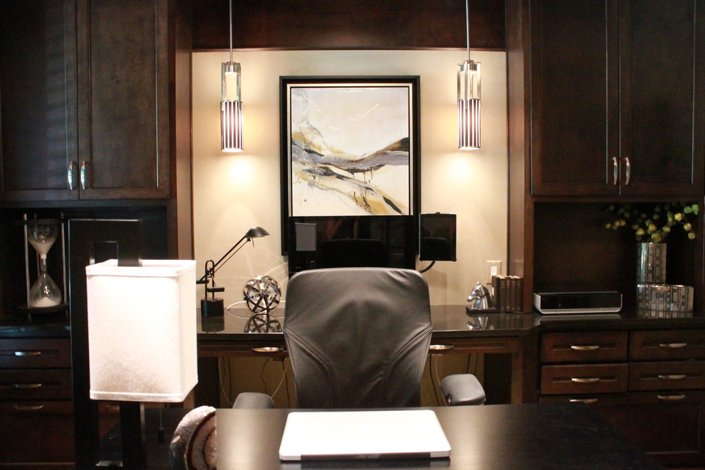 Photo of a small contemporary study room in Dallas with beige walls, dark hardwood floors and a freestanding desk.