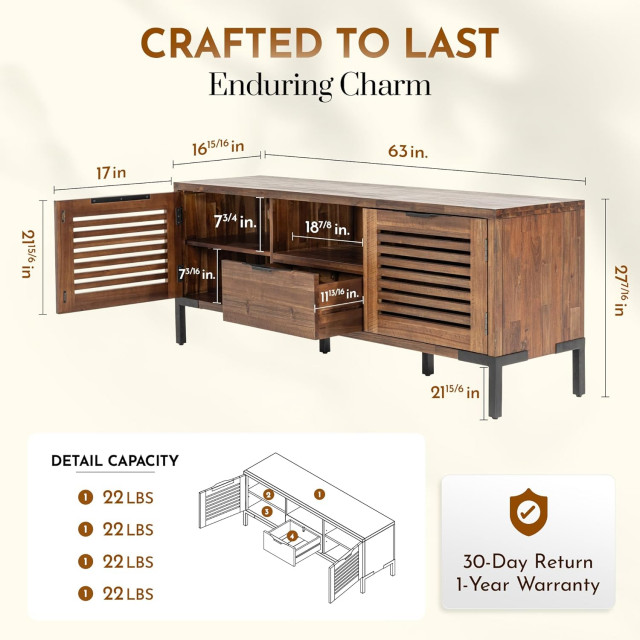 Rustic TV Stand, Louvered Cabinet Doors & Drawer With Metal Handles ...