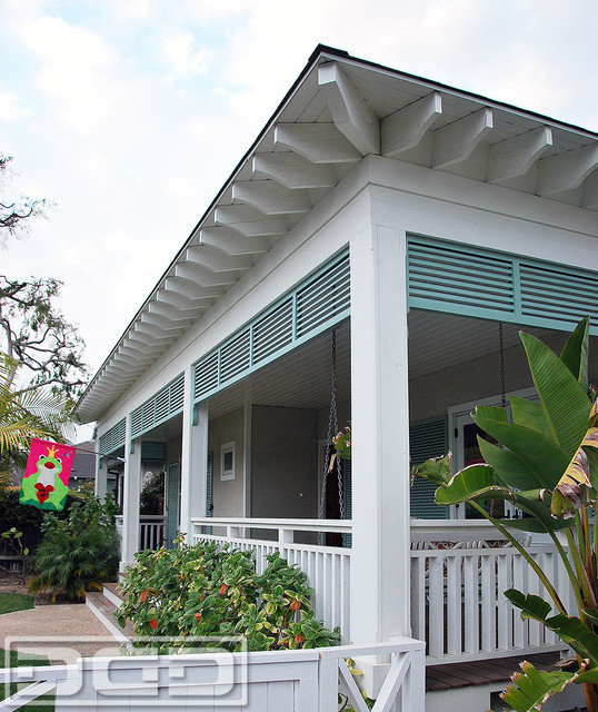 Orange County Handmade Architectural Porch Shutters in a Louvered