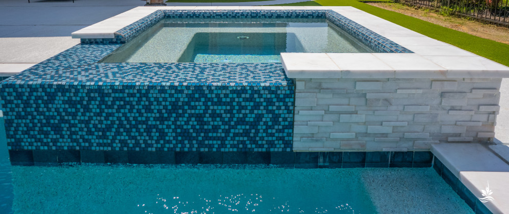 Idee per una grande piscina naturale minimalista rettangolare dietro casa con paesaggistica bordo piscina e pedane