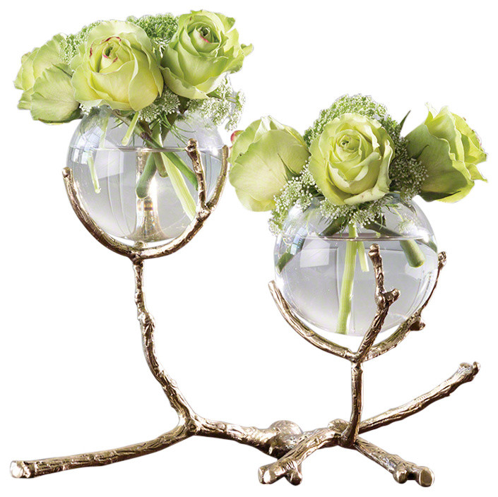 Twig Branch Metal Glass Bud Vase, Gold Double Centerpiece Sculpture