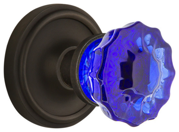 Classic Rosette Privacy Crystal Cobalt Glass Knob, Oil-Rubbed Bronze