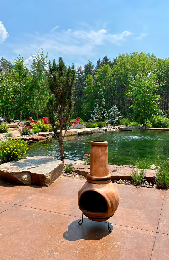 Idée de décoration pour un jardin arrière chalet l'été avec un bassin et une exposition ensoleillée.