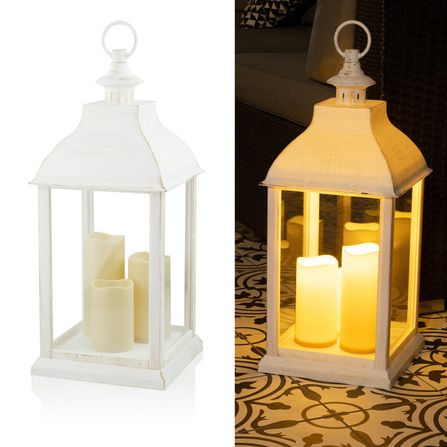 White Candlelit Lantern with Warm White LED Lights