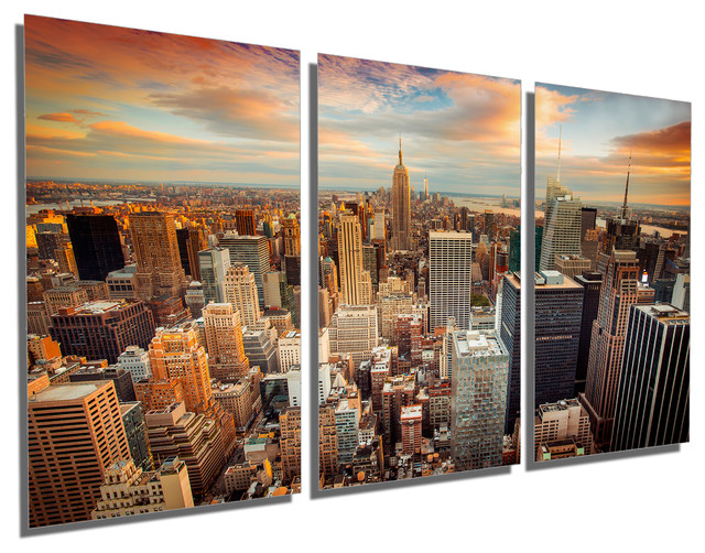 New York City Skyline Aerial View Metal Print Wall Art, 3 Panel Split