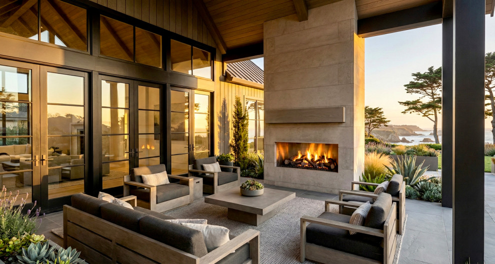 Inspiration for a mid-sized transitional backyard stone patio remodel with a fireplace and a roof extension