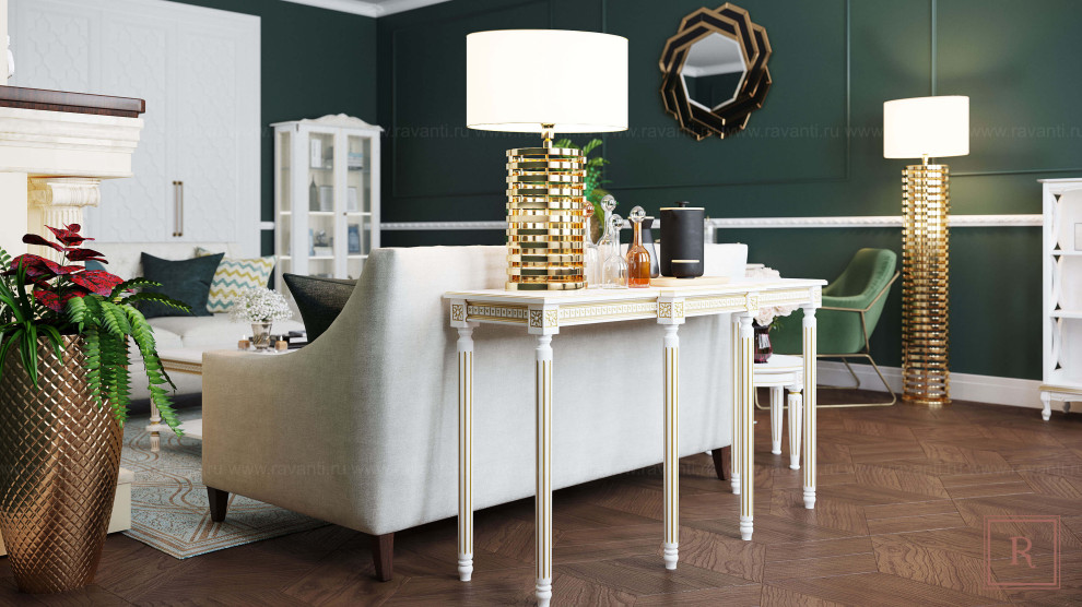 Гостиная в тёмно-зелёном и белом тонах