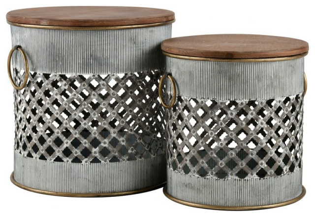 Set of 2 Wooden Stool  Open Mesh Form Whitewashed Galvanized Metal Bases