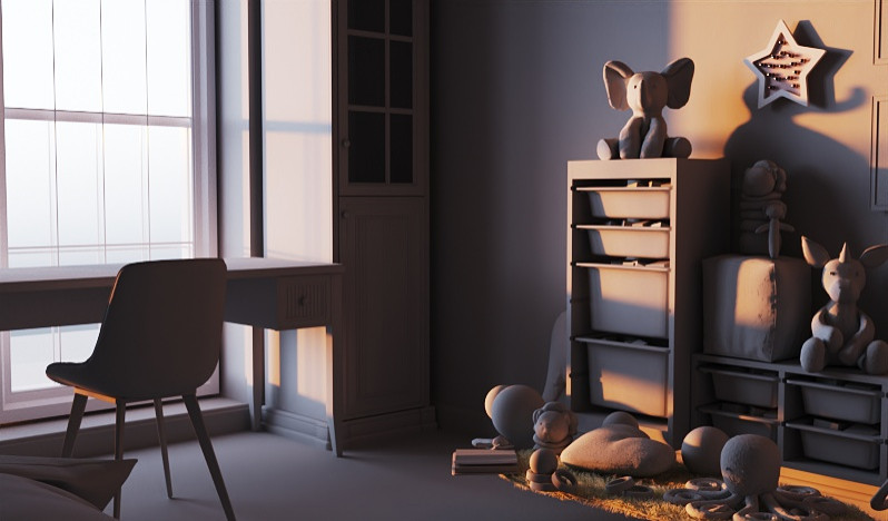 Проект "Черно-белый 3Д детской комнаты с вариантами освещения времени суток"