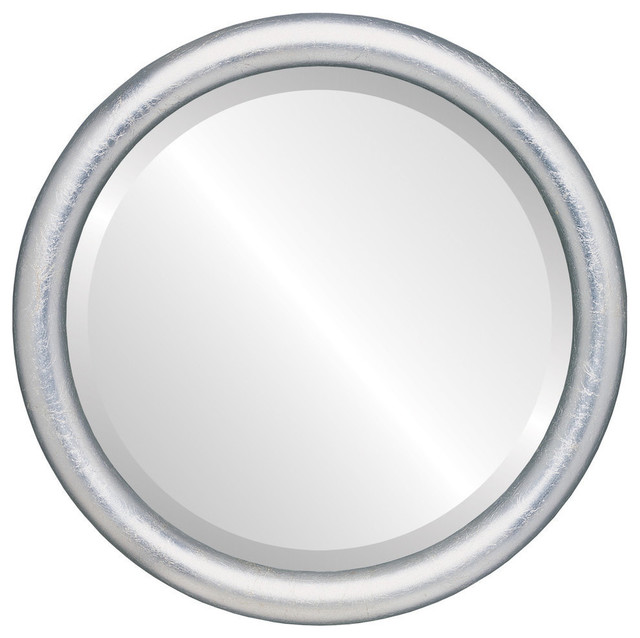 Pasadena Framed Round Mirror, Silver Leaf With Brown Antique, 15"x15