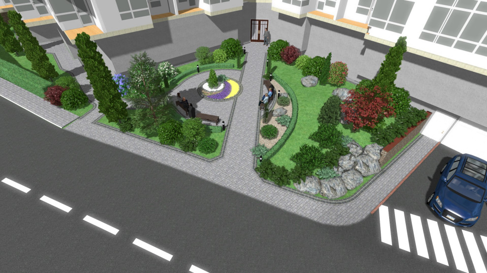 Входная группа многоквартирного дома с детской площадкой