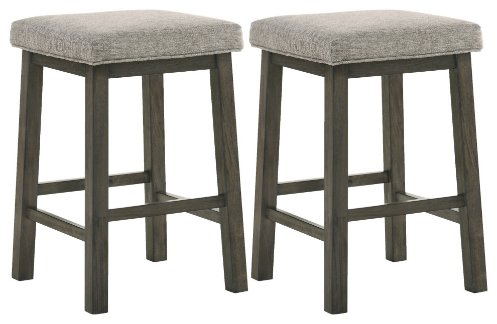 25" Wooden Bar Stool With Fabric Seat, Set of 2, Gray Transitional