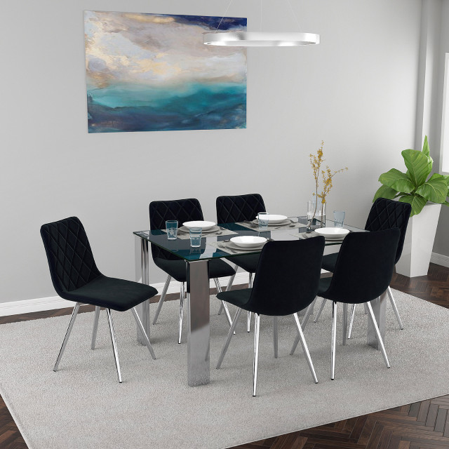 Frankfurt/Marlo 7Piece Dining Set, Chrome Table/Black Chair Midcentury Dining Sets by
