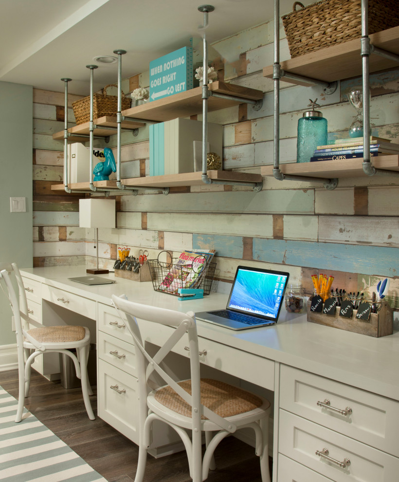 Inspiration for a beach style home office in San Diego with multi-coloured walls, dark hardwood floors, a built-in desk, brown floor and wood walls.