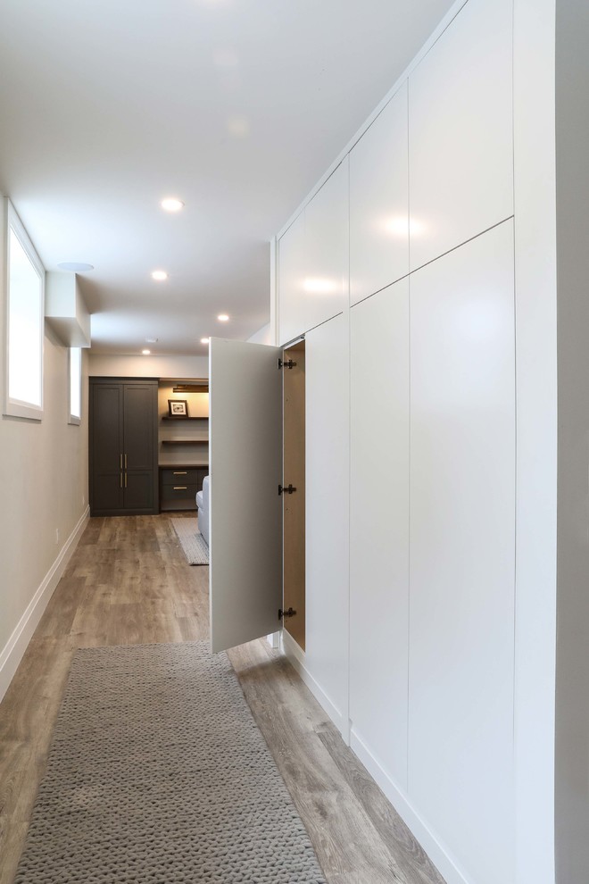 Example of a large transitional look-out vinyl floor and brown floor basement design with white walls