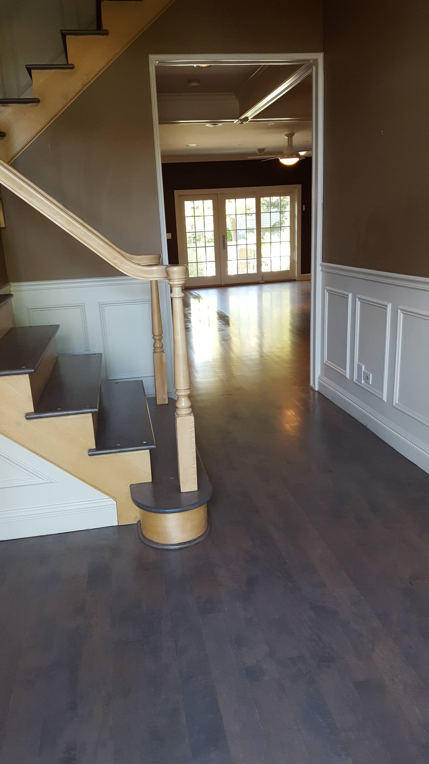 3 and 1/4 maple Classic Gray stain from Minwax , 4 coats satin water base finish