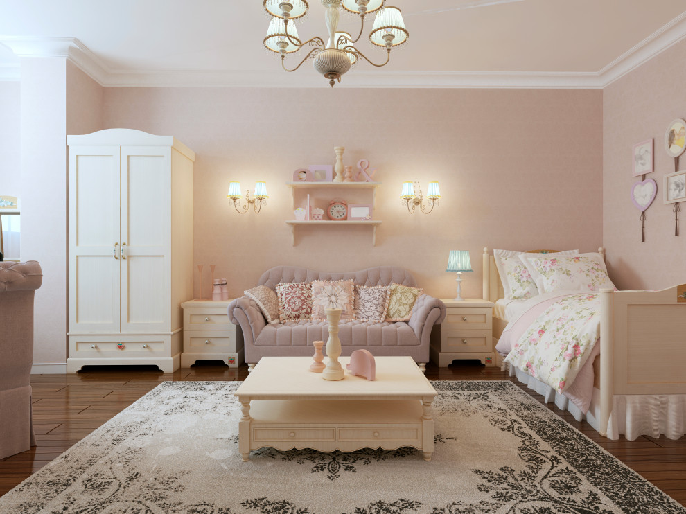 Large traditional kids' bedroom in New York with pink walls, medium hardwood floors and brown floor for kids 4-10 years old and girls.
