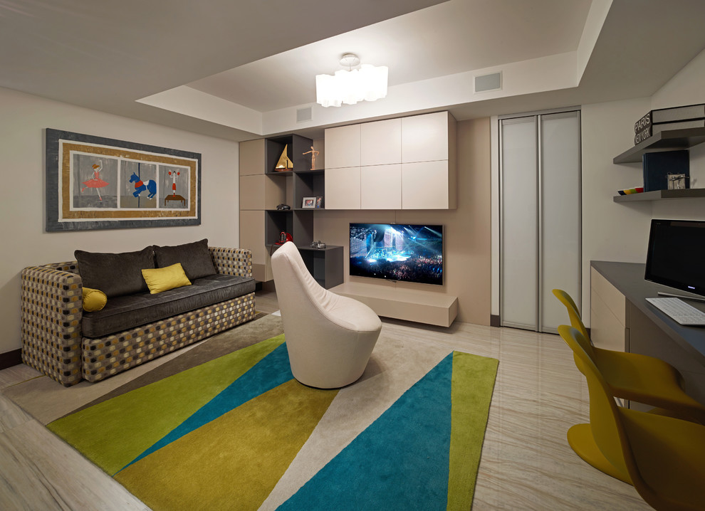 Photo of a contemporary enclosed family room in Miami with beige walls, no fireplace and a wall-mounted tv.