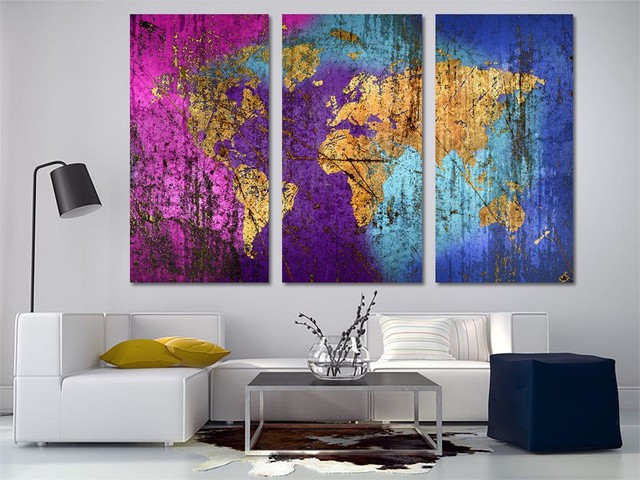 Abstract Mixed Art World Map, Canvas Print, 3 Panel Split, Triptych ...
